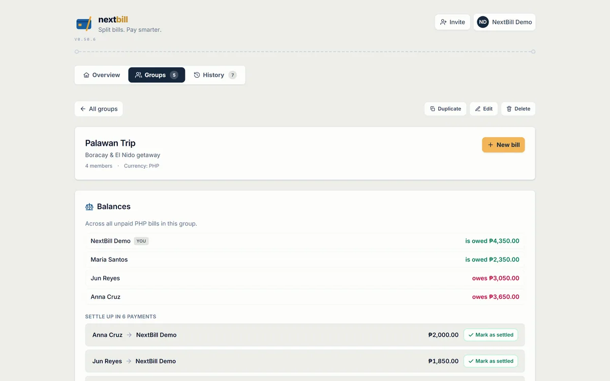 A Nextbill group showing running balances, members, and bills for a trip