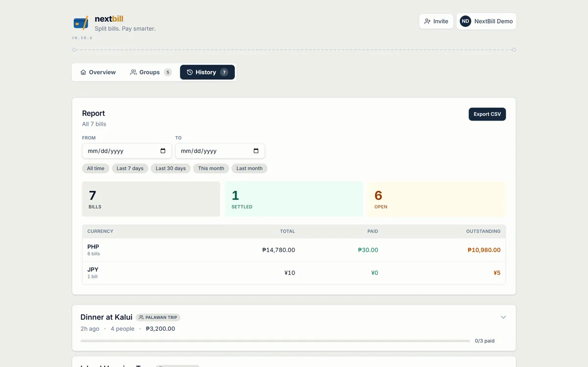 Nextbill multi-currency expense report