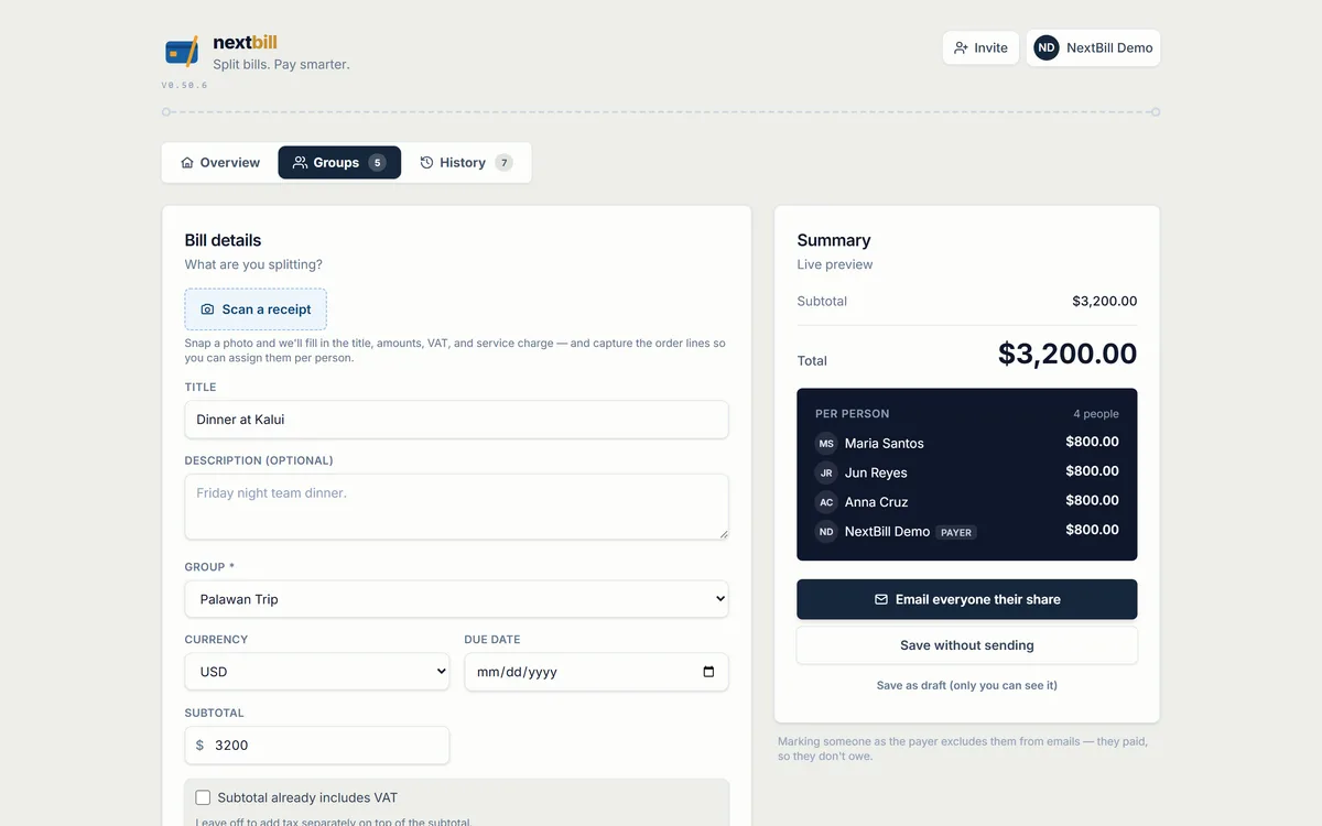 Creating and splitting a new bill in Nextbill, with a live cost summary