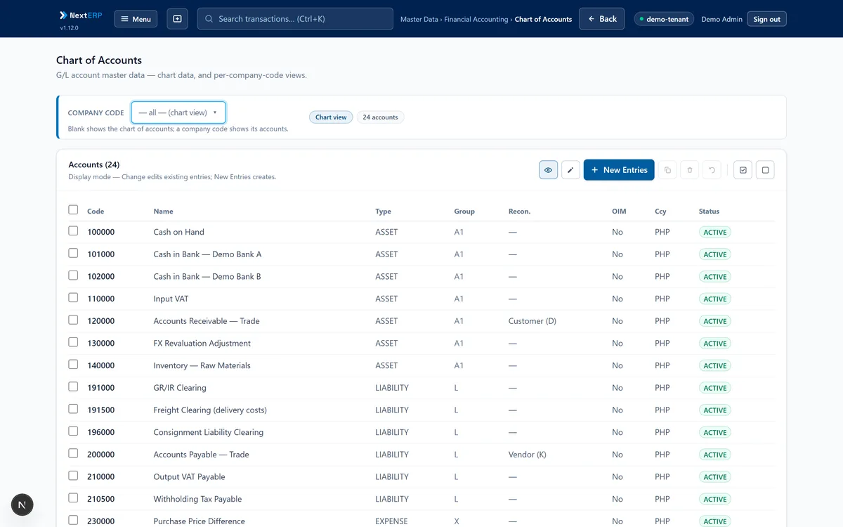 NextERP chart of accounts with GL account master data