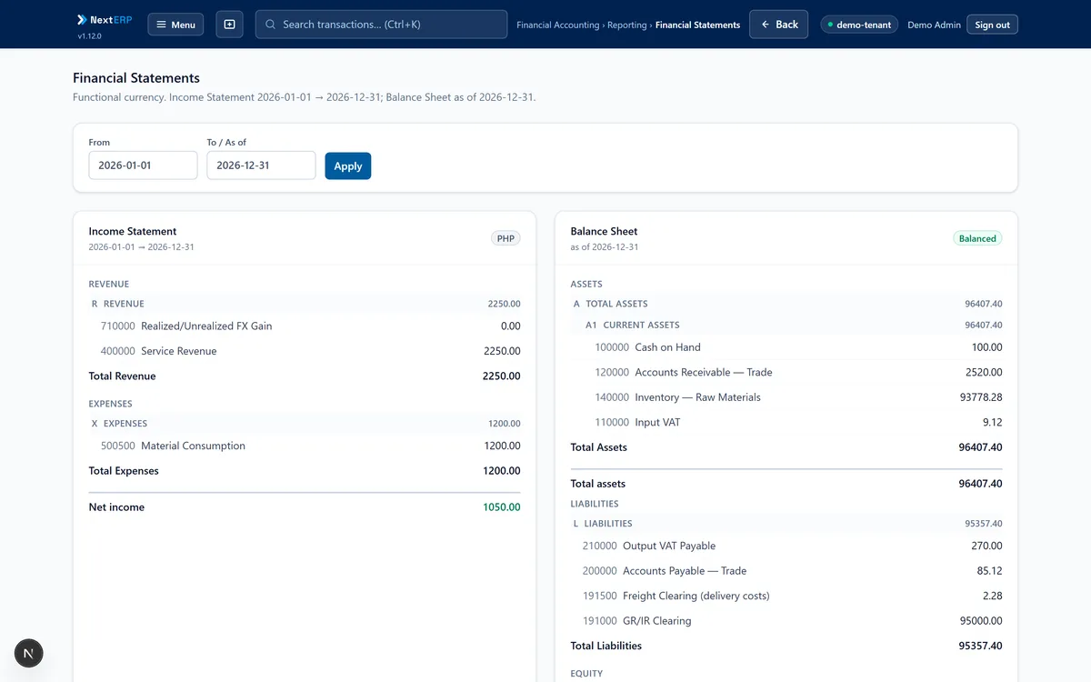 NextERP financial statements — an income statement beside a balanced balance sheet