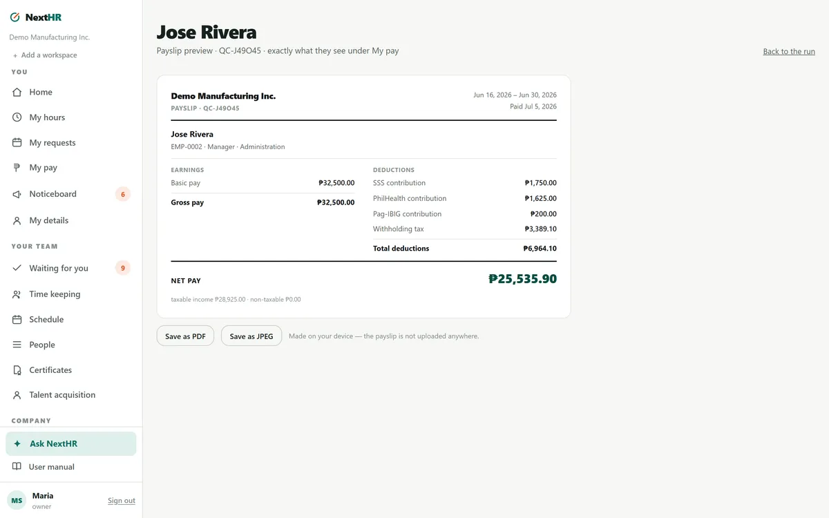 NextHR payslip preview with SSS, PhilHealth, Pag-IBIG and withholding tax itemized above the net pay