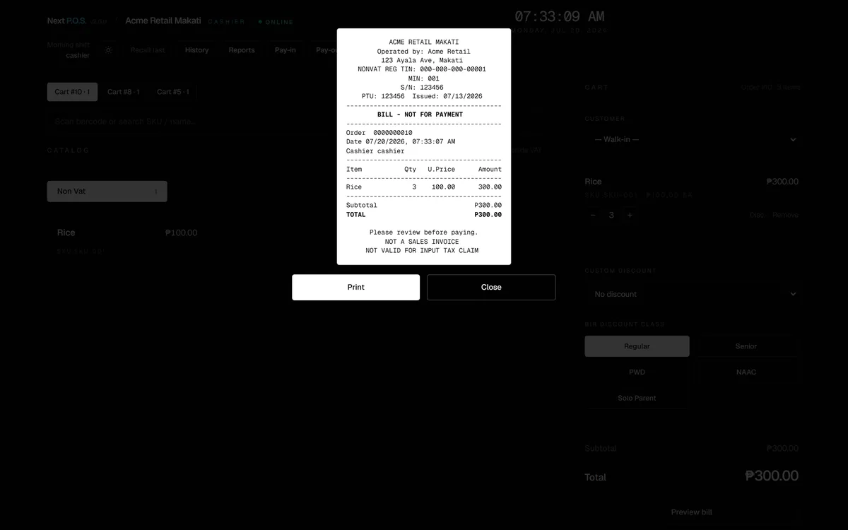 A BIR-format NextPOS receipt showing TIN, MIN, serial number, and PTU