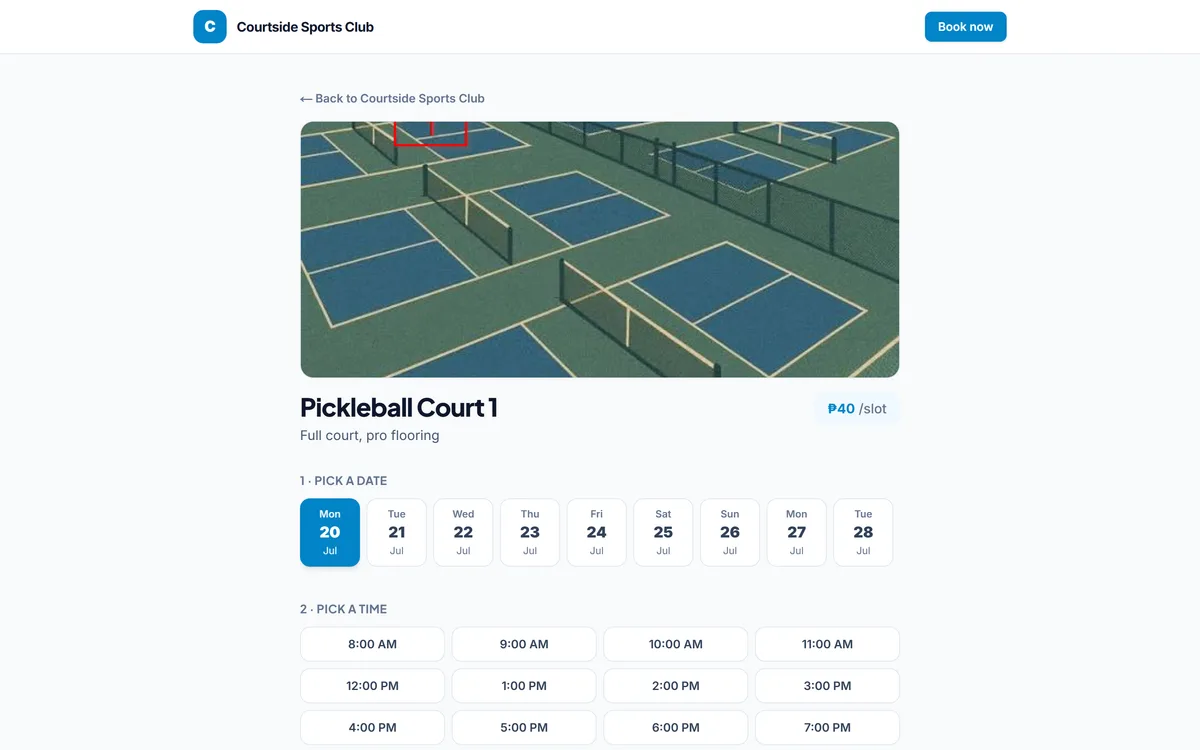A NextReserve booking flow: pick a date, then pick an available time slot for a court