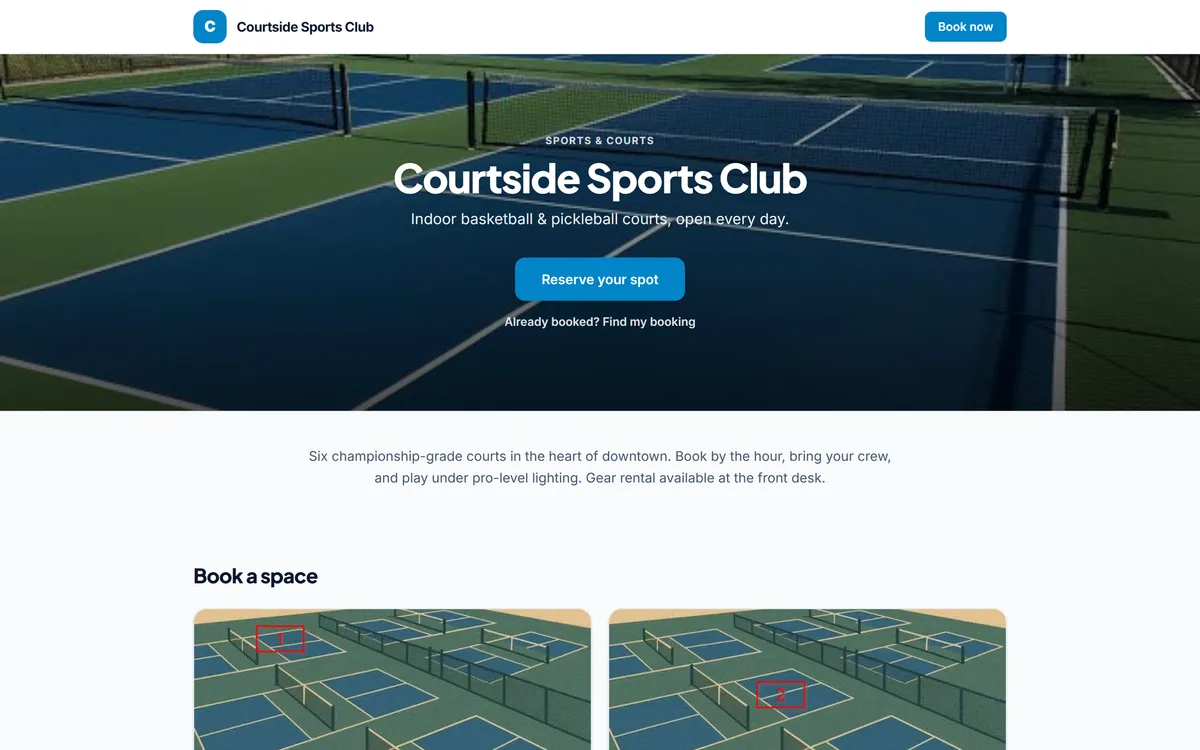 A branded NextReserve booking page for a sports club with a cover photo and “Reserve your spot” call to action