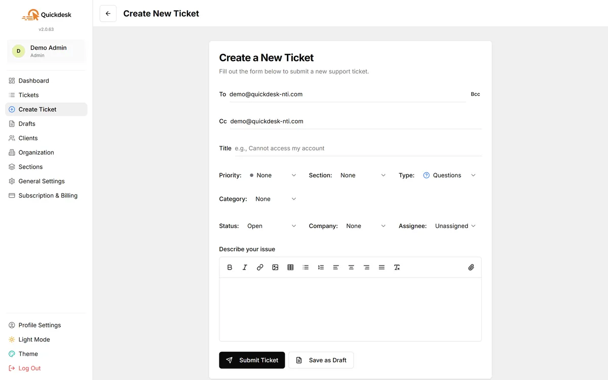 Creating a new ticket in QuickDesk